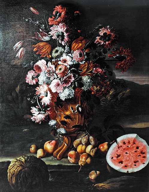 Anonimo — Autore non indicato - sec. XVII/ XVIII - Natura morta con vaso di fiori e frutta — insieme